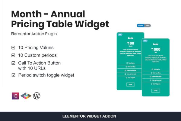 Month - Annual Pricing Table Widget For Elementor WordPress Eklentisi