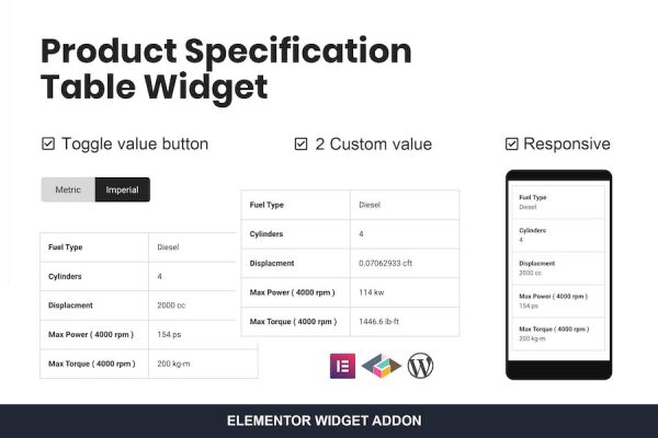 Product Specification Table Widget For Elementor WordPress Eklentisi